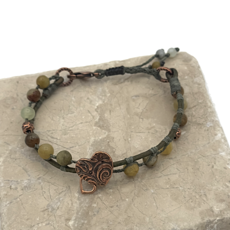 Flower Jade and Natural Green Leather Bracelet