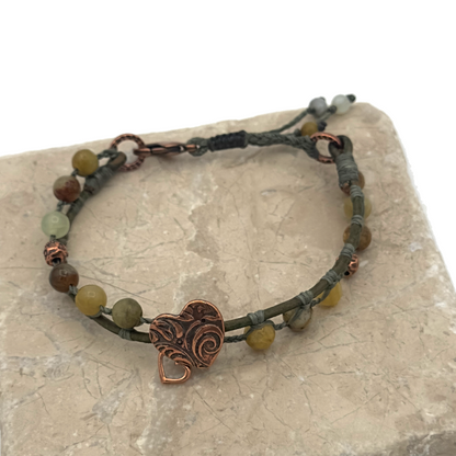 Flower Jade and Natural Green Leather Bracelet
