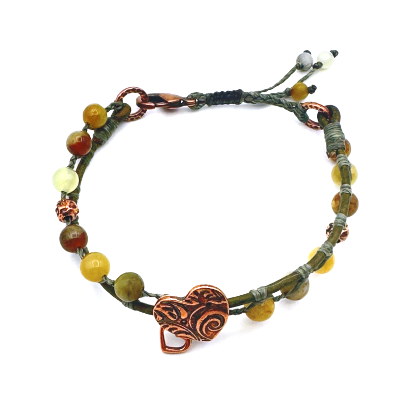 Flower Jade and Natural Green Leather Bracelet