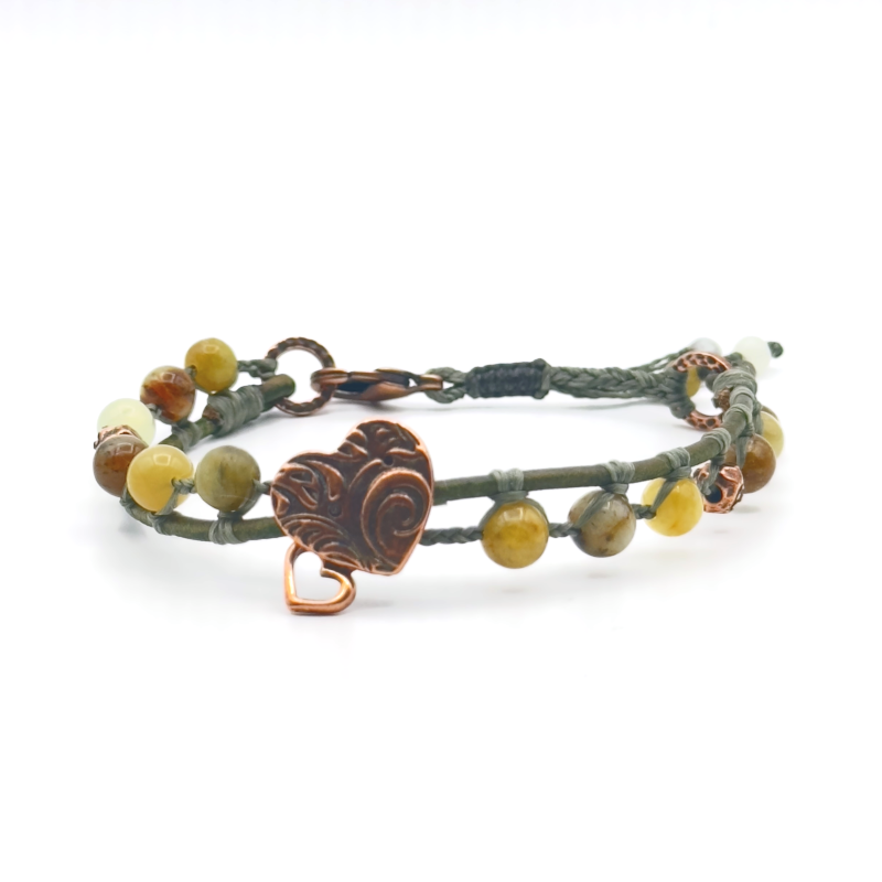 Flower Jade and Natural Green Leather Bracelet