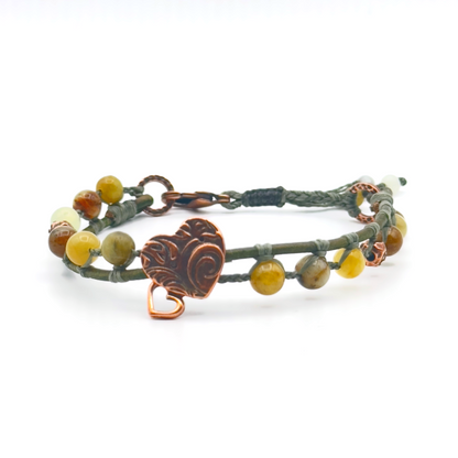 Flower Jade and Natural Green Leather Bracelet