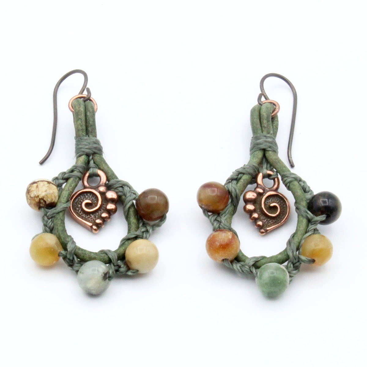 Flower Jade and Natural Green Leather Earrings