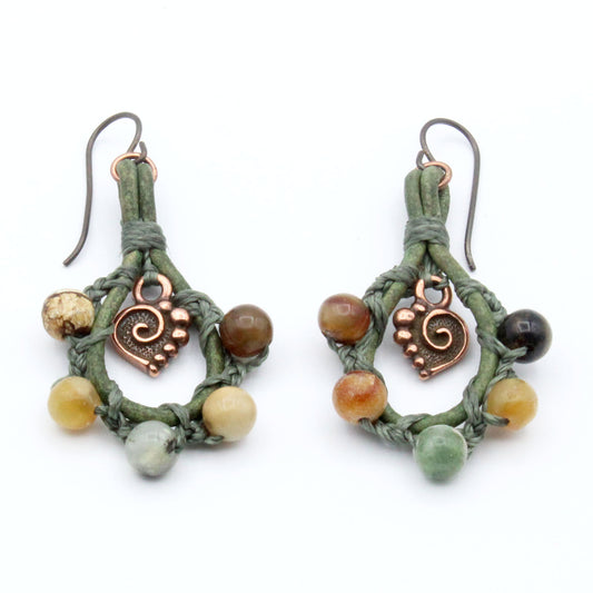 Flower Jade and Natural Green Leather Earrings