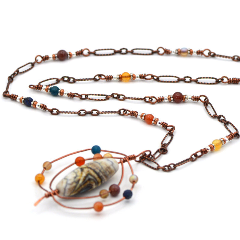 Orbit Multi-stone, Hammered, and Wire-Wrapped Pendant/Necklace