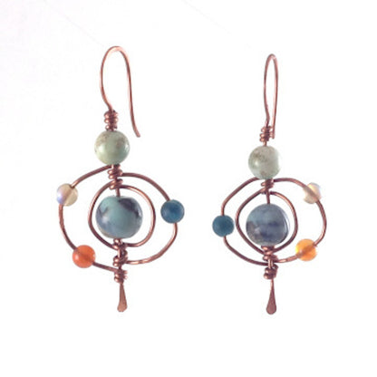 Orbit Multi-stone, Hammered and Wire-wrapped Earrings with Shepherd's Hook
