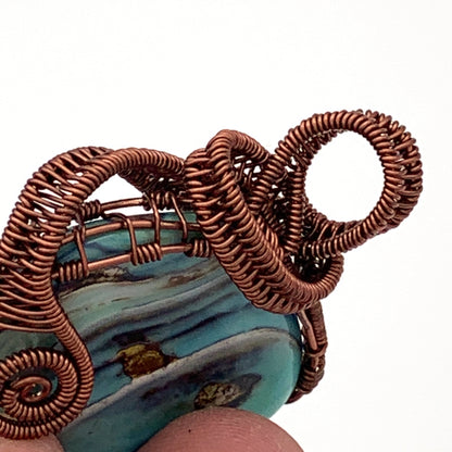 East-West Oval Blue Terra Agate Pendant, Non-tarnish Antique Copper Wire Wrapped/Woven
