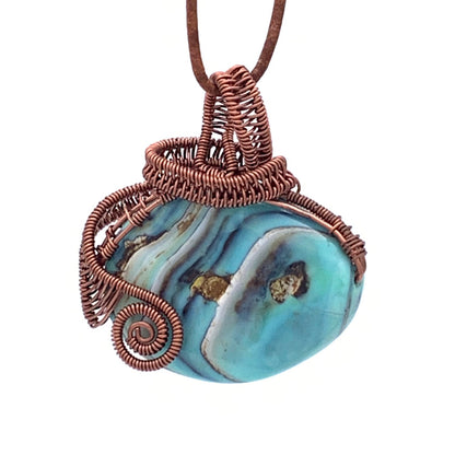East-West Oval Blue Terra Agate Pendant, Non-tarnish Antique Copper Wire Wrapped/Woven