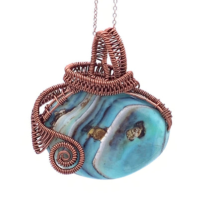 East-West Oval Blue Terra Agate Pendant, Non-tarnish Antique Copper Wire Wrapped/Woven