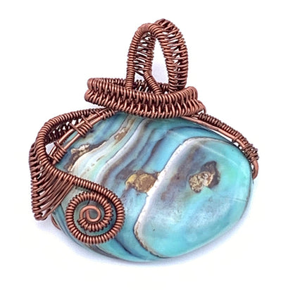 East-West Oval Blue Terra Agate Pendant, Non-tarnish Antique Copper Wire Wrapped/Woven