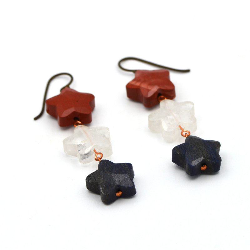 250 Years Celebration Red Jasper, Crystal Quartz, Blue Aventurine Star Dangle Earring