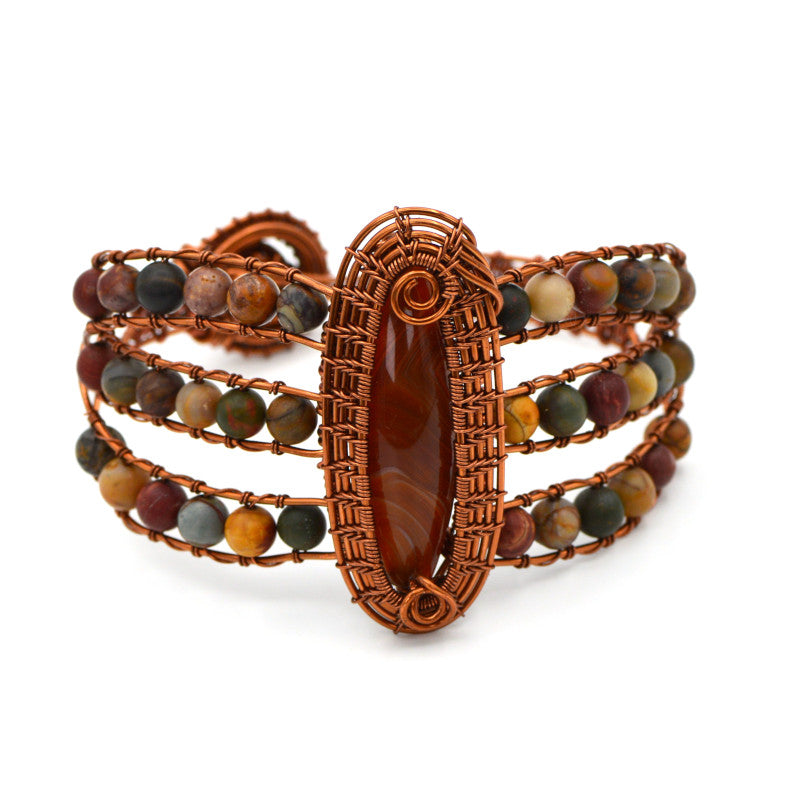 Hinged Cuff Antique Copper Wire-Wrapped Bangle Bracelet - Banded Agate and Jasper