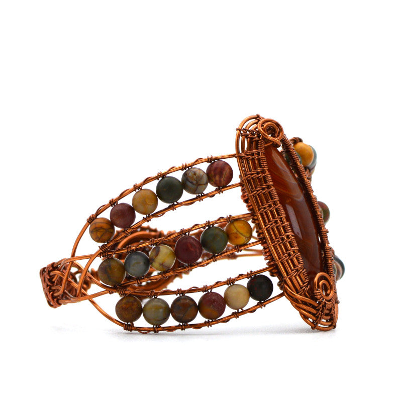 Hinged Cuff Antique Copper Wire-Wrapped Bangle Bracelet - Banded Agate and Jasper