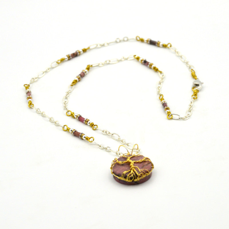 Small Tree of Life - Wire-Wrapped on 20 mm Coin-Shape Rhodonite