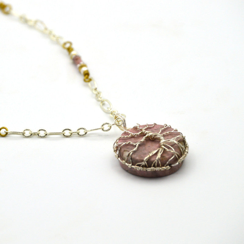 Small Tree of Life - Wire-Wrapped on 20 mm Coin-Shape Rhodonite