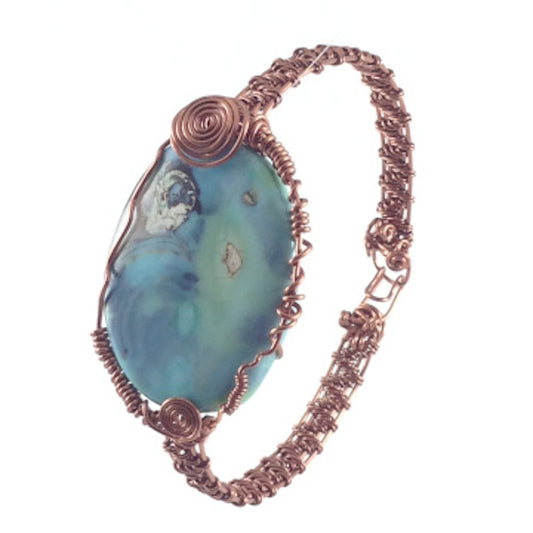 Wire-woven Band Bangle, Non-Tarnish Antique Copper, Genuine Blue Terra Agate