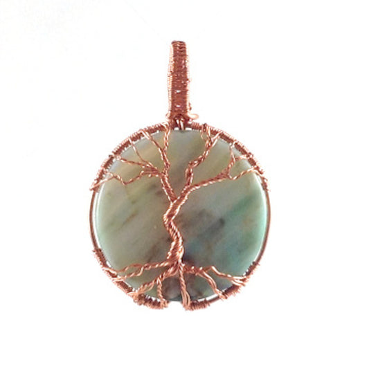Tree of Life - Wire-Wrapped on 30 mm Round Coin Blue Terra Agate - Front View