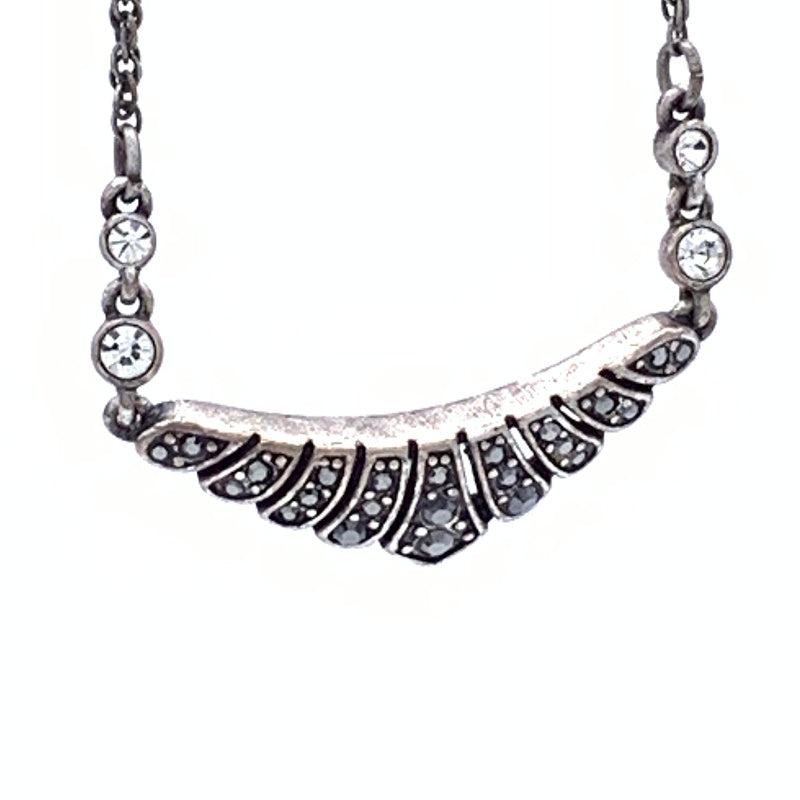 Vintage Antique Silver/Pewter tone Black and Clear Rhinestones, Art Deco-Style Chevron focal Necklace, Lobster claw clasp, unmarked