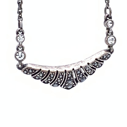 Vintage Antique Silver/Pewter tone Black and Clear Rhinestones, Art Deco-Style Chevron focal Necklace, Lobster claw clasp, unmarked
