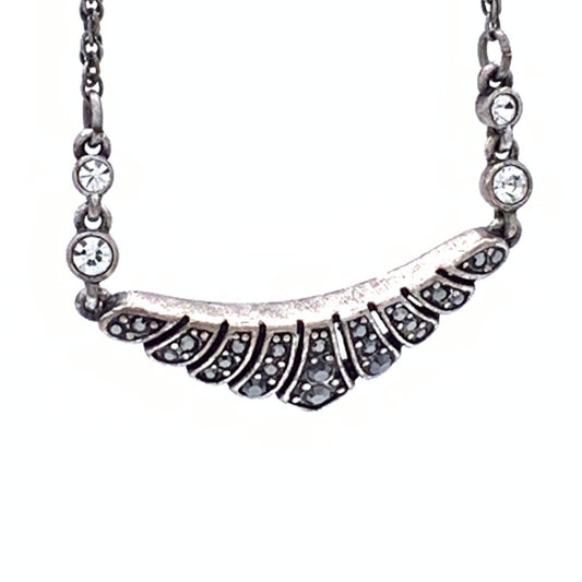 Vintage Antique Silver/Pewter tone Black and Clear Rhinestones, Art Deco-Style Chevron focal Necklace, Lobster claw clasp, unmarked