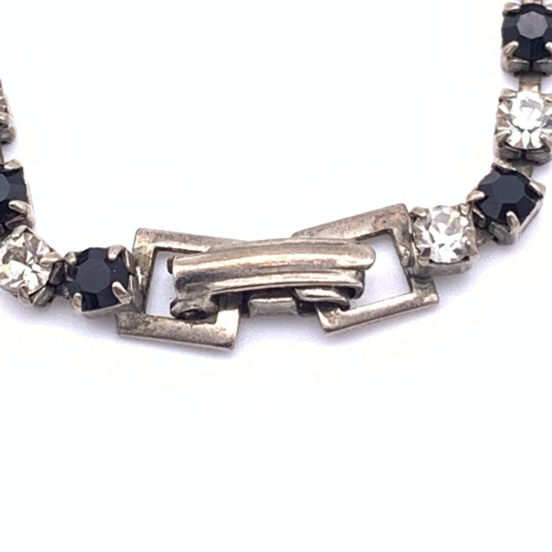 Vintage Black and Clear Rhinestone Cupchain Chevron focal Necklace, Antique Silver/Pewter tone, flip-over clasp, unmarked, close-up view of clasp