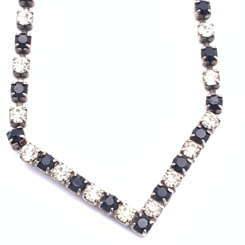 Vintage Black and Clear Rhinestone Cupchain Chevron focal Necklace, Antique Silver/Pewter tone, flip-over clasp, unmarked