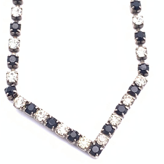 Vintage Black and Clear Rhinestone Cupchain Chevron focal Necklace, Antique Silver/Pewter tone, flip-over clasp, unmarked