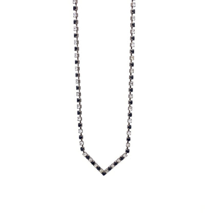Vintage Black and Clear Rhinestone Cupchain Chevron focal Necklace, Antique Silver/Pewter tone, flip-over clasp, unmarked