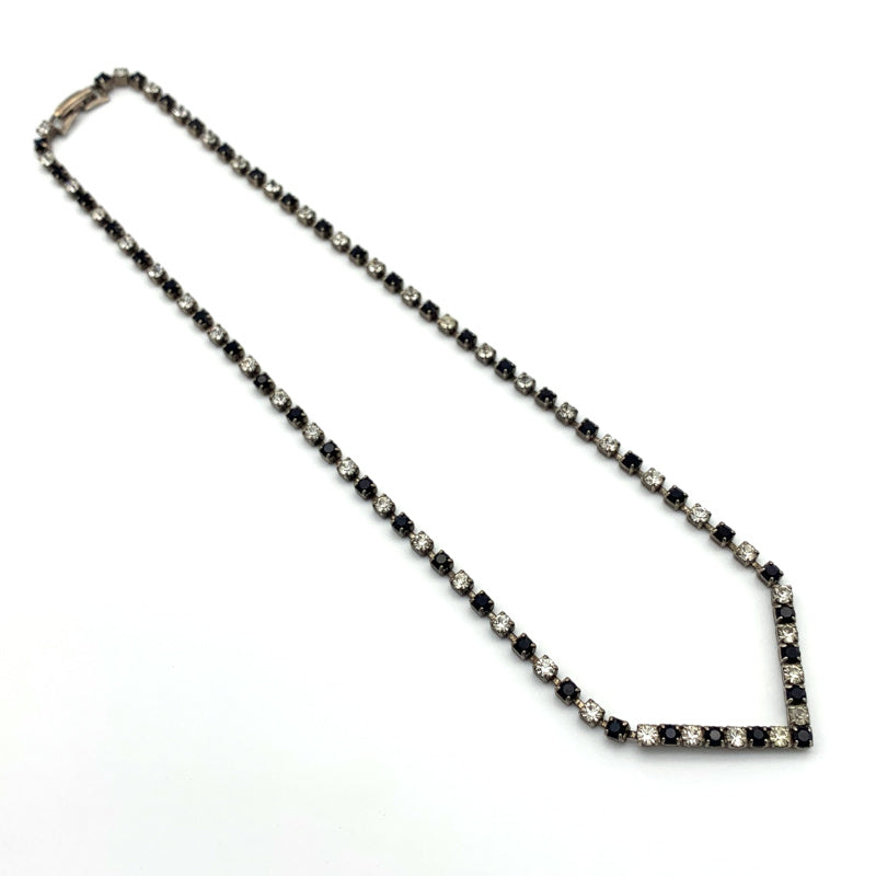 Vintage Black and Clear Rhinestone Cupchain Chevron focal Necklace, Antique Silver/Pewter tone, flip-over clasp, unmarked