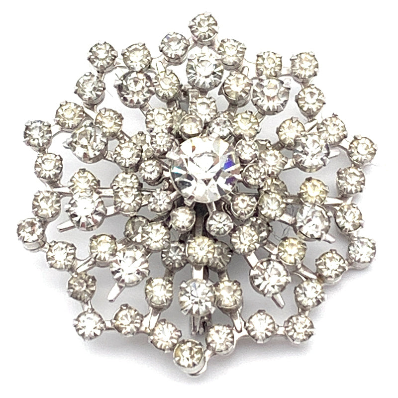 Vintage Clear Rhinestone Brooch, Silvertone, unmarked - Front View