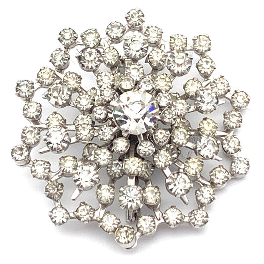 Vintage Clear Rhinestone Brooch, Silvertone, unmarked - Front View