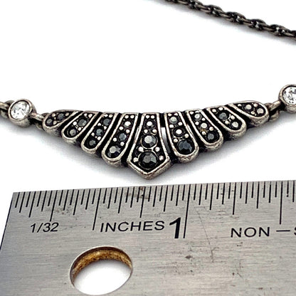 Vintage Antique Silver/Pewter tone Black and Clear Rhinestones, Art Deco-Style Chevron focal Necklace, Lobster claw clasp, unmarked showing measurement