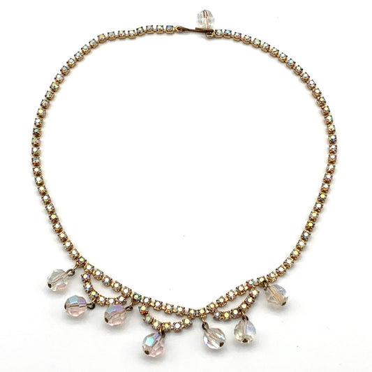 Vintage Iridescent Bead and Rhinestone Cupchain Garland/Fringe Necklace