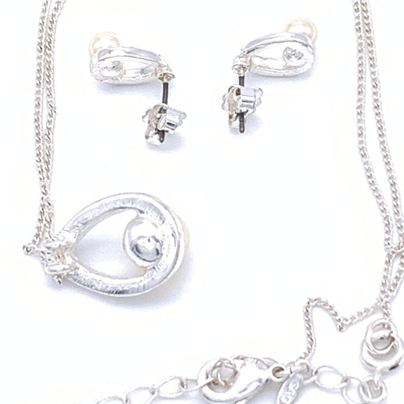Vintage SAO Silvertone and Faux Pearl and Crystal Pendant with Chain and Earring Set, Lobster Claw Clasp