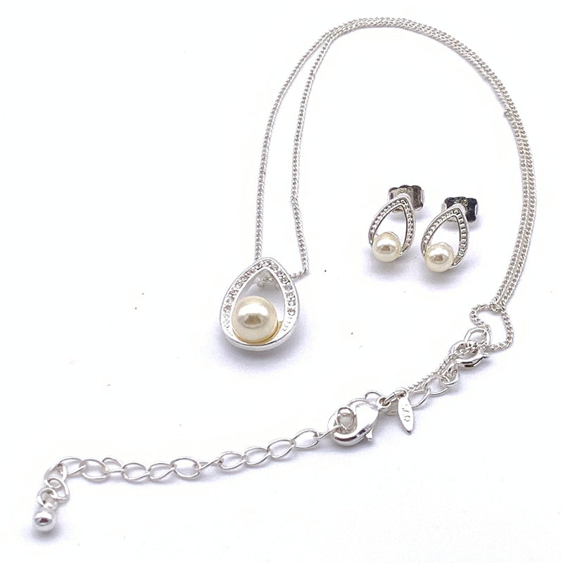 Vintage SAO Silvertone and Faux Pearl and Crystal Pendant with Chain and Earring Set, Lobster Claw Clasp