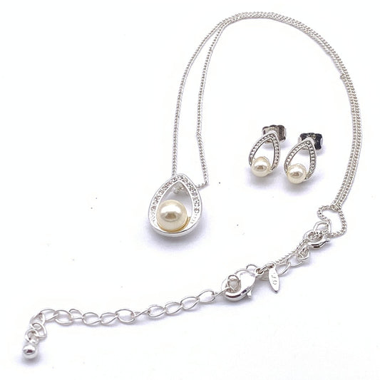 Vintage SAO Silvertone and Faux Pearl and Crystal Pendant with Chain and Earring Set, Lobster Claw Clasp