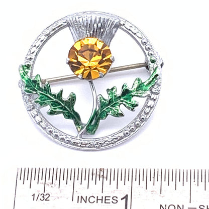 Vintage Mizpah Scottish Thistle Brooch, Silvertone, Citrine-color Rhinestone, Green Enamel