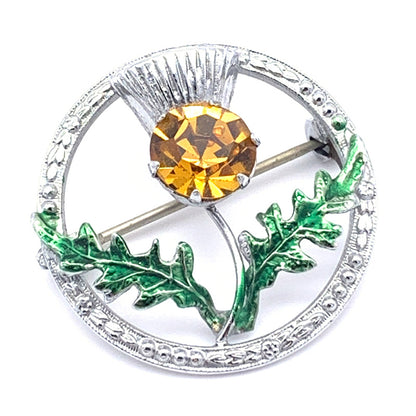 Vintage Mizpah Scottish Thistle Brooch, Silvertone, Citrine-color Rhinestone, Green Enamel
